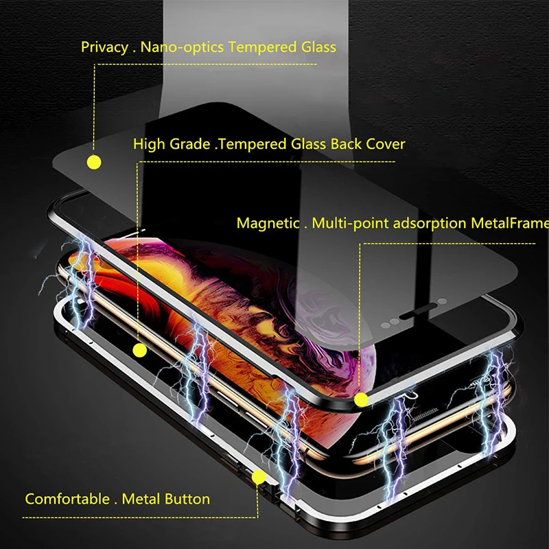 Magnetic Tempered Glass Privacy Metal Case For iphone 16 15 14 13 12 XR 11 Pro MAX X 360 Magnet Antispy Protective Cover