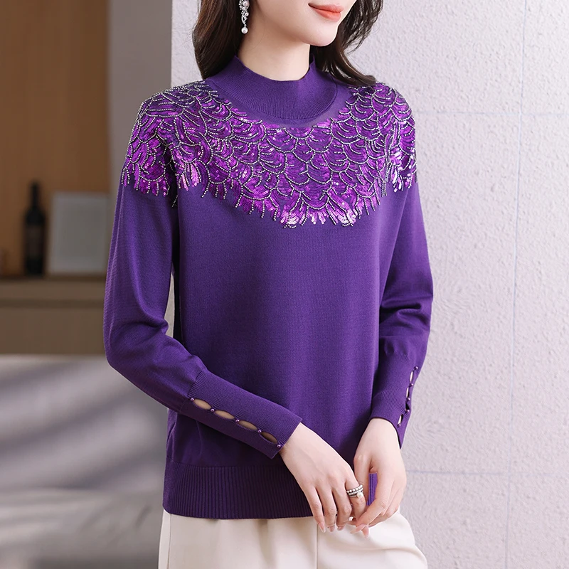 

Свитер с высоким воротником, женский пуловер зима-осень 2021, женская одежда, топ с длинными рукавами, повседневный трикотаж с бисером, свитера