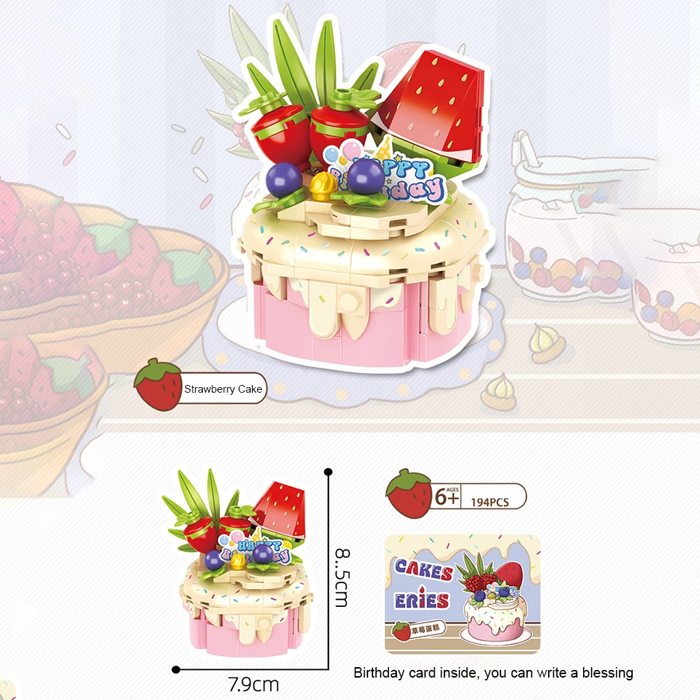 Strawberry Macaroon Chocolates Cake Building Blocks Toys for Kids Food House Afternoon Tea Parts Assemble Bricks Girls Gifts