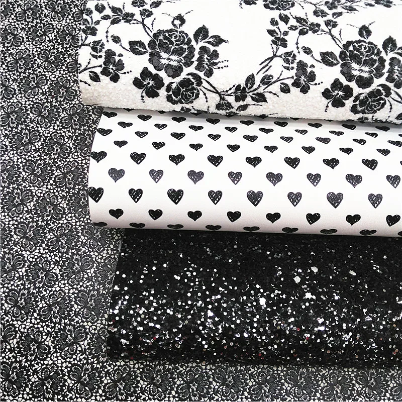 Black Glitter Leather Sheets Roses Custom Glitter Leather Hearts Lace Flowers Stripes Leather DIY Craft Sheets Mini Rolls W382