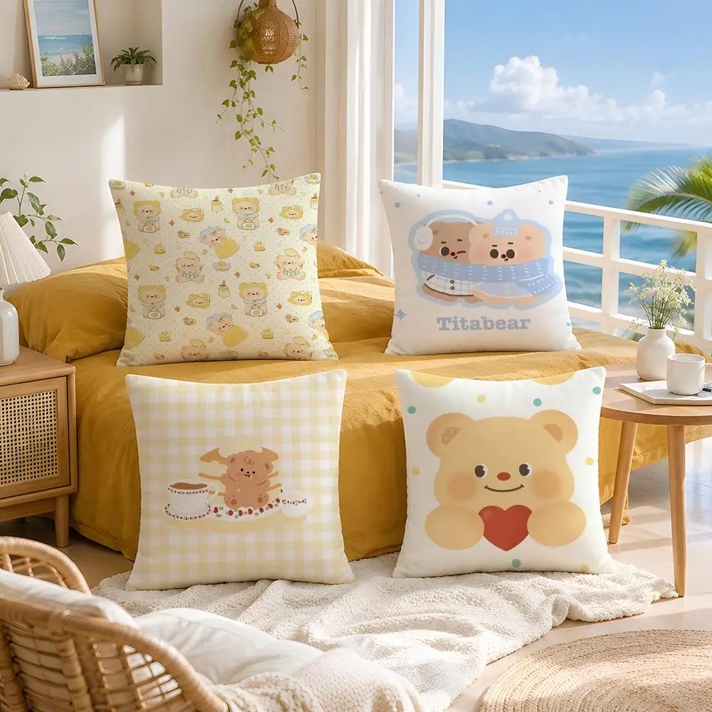 Character Butter Bear Cushion Cover Throw Pillow Short Plush Fresh Natural Cushion for Living Room Sofa Ornament Present Gift