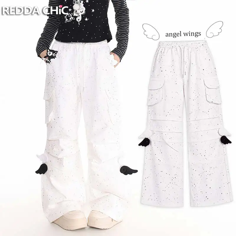 REDDACHiC Pleat Wide Leg Cargo Pants Women Cutecore Angel Wings Sparkle Low Waist Elastic Waist Parachute Pants Lounge Bottoms