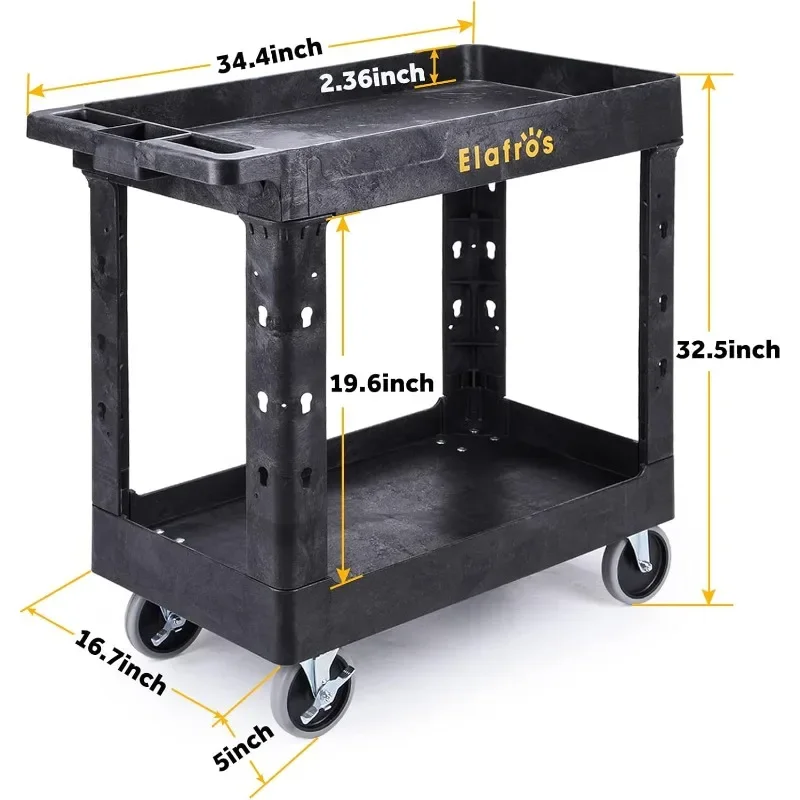 Heavy Duty Plastic Utility Cart 34 x 17 Inch - Work Cart Tub Storage WITH/Deep Shelves and Full Swivel Wheels Safely Holds up