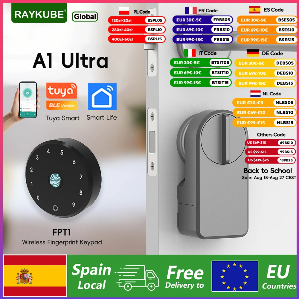 RAYKUBE A1 Untra Tuya BLE serrure de porte électronique intelligente avec serrure à clavier d'empreintes digitales FPT1 installation sans poinçon depuis l'espagne