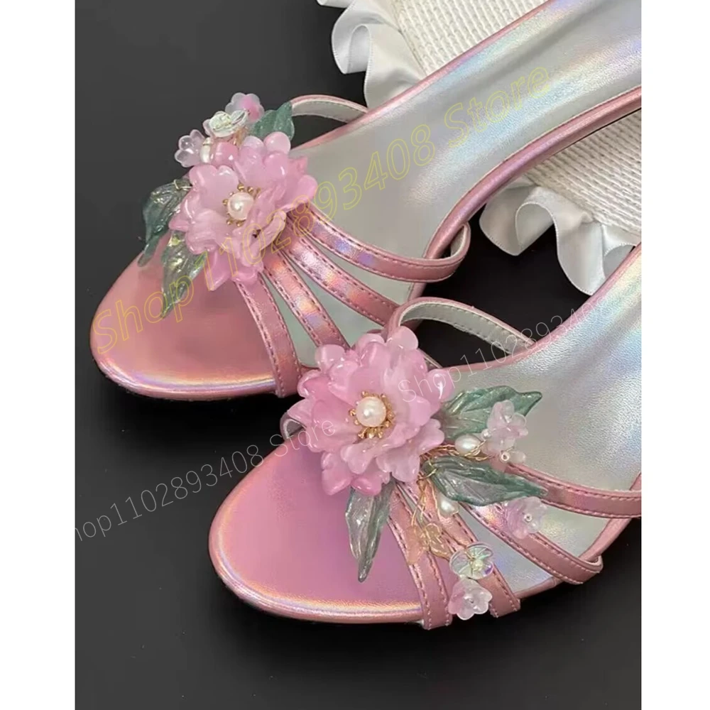 Pink Flower Decor Sweet Elegant Slippers Round Toe New Design Stiletto High Heel Party Fashion Women Shoes 2024 Para Mujere