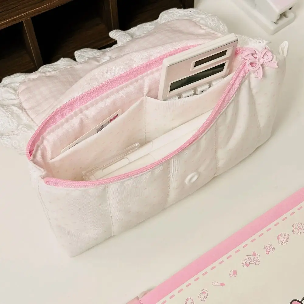 Ästhetisches rosa Spitzen-Federmäppchen mit Polka-Dot-Design, tragbares Federmäppchen mit großem Fassungsvermögen, Stifttasche, Geschenk für Studenten