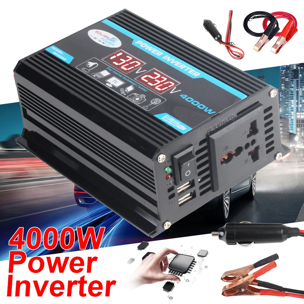 4000W Car Inverter 12V 220V Converter Multiple Protection Solar Charger Adapter Dual USB Voltage Transformer Car Power Inverter