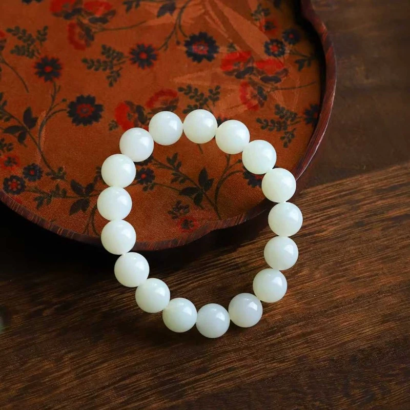 Natural Hotan Russian Old Material Jade Beads Round and Smooth Bracelet