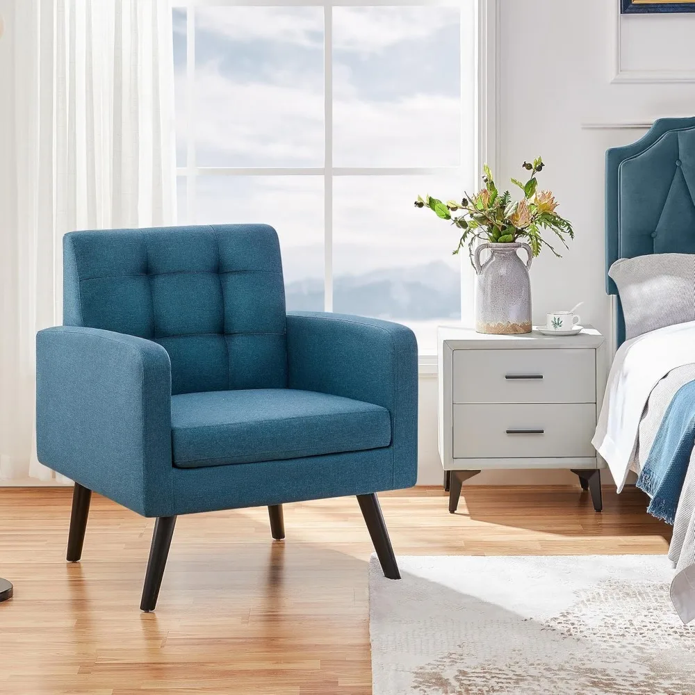 Mid-Century Accent Chairs, Modern Upholstered Living Room Chair, Cozy Armchair Button Tufted Back and Wood Legs for Bedroom