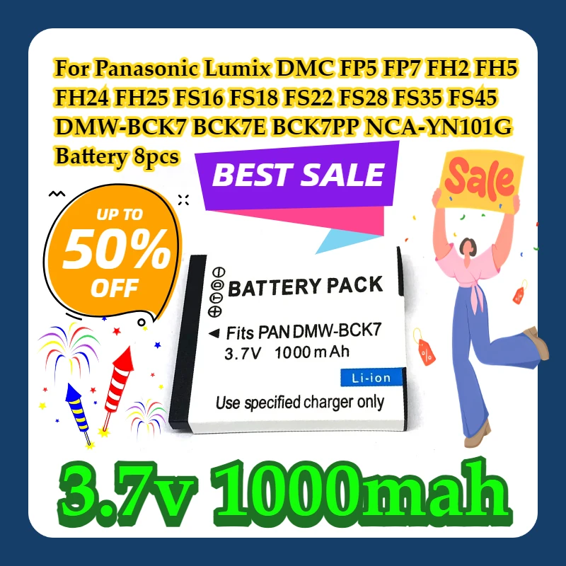 

For Panasonic Lumix DMC FP5 FP7 FH2 FH5 FH24 FH25 FS16 FS18 FS22 FS28 FS35 FS45 DMW-BCK7 BCK7E BCK7PP NCA-YN101G Battery 8pcs
