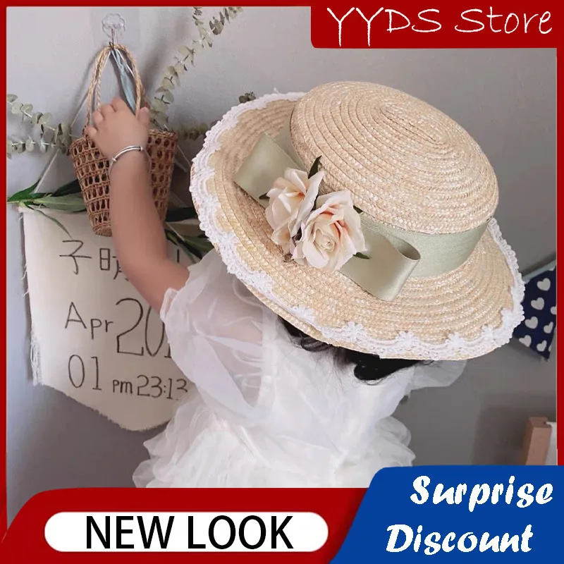 

Children's Straw Sun Hat Flower Lace Strap Big Brim Hat Flat Top Sunscreen Beach Straw Hat Panama Travel Sunscreen Hat