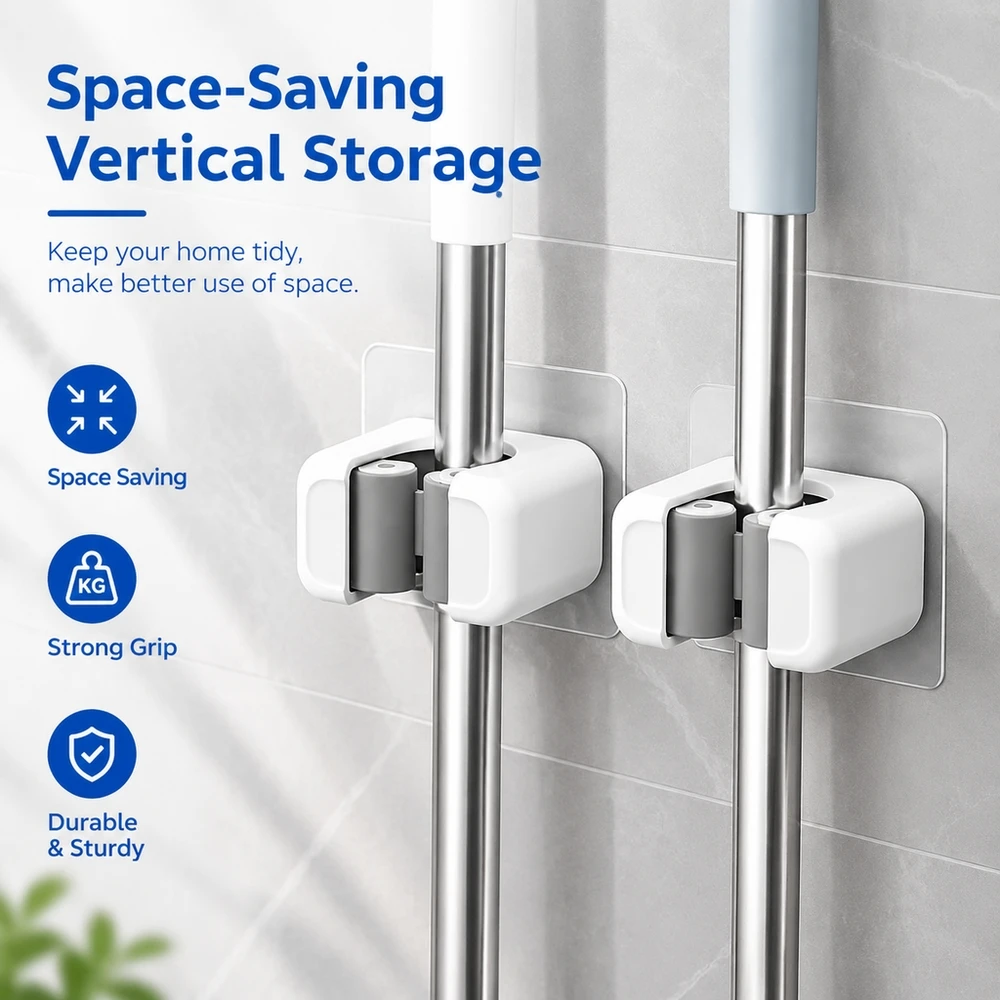 2 Piece Wall Mount Broom Holder No Screw Installation Vertical Mop Organizer for Kitchen Bathroom Utility Closet