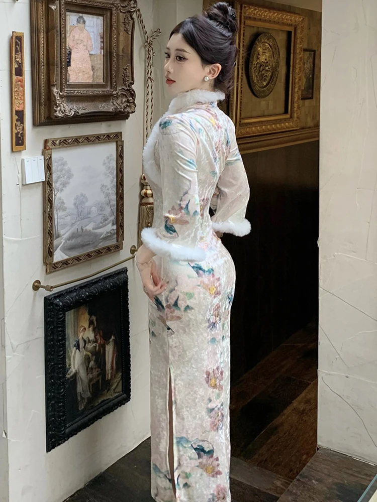 Robe longue en velours à fleurs, col Faux, élégante, coréenne, moulante, robe de bal, mode luxe, Festival, automne hiver 2025