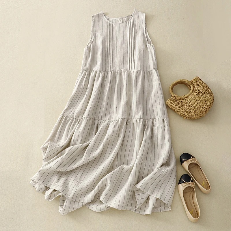 

2024 New Summer Vintage Literature Stripe Women Vest Dresses Sleeveless O-Neck Pockets Elegant Fashion Tank Dresses Vestidos