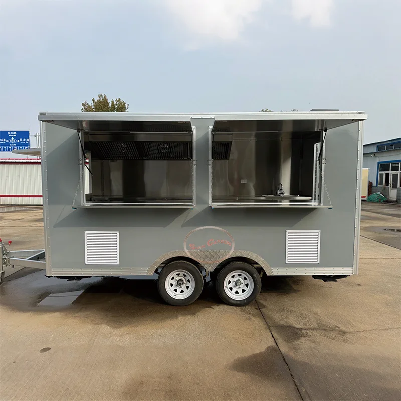 

Outdoor Food Trailer Gray Background White Line Decorations Versatile Operation for Various Snacks