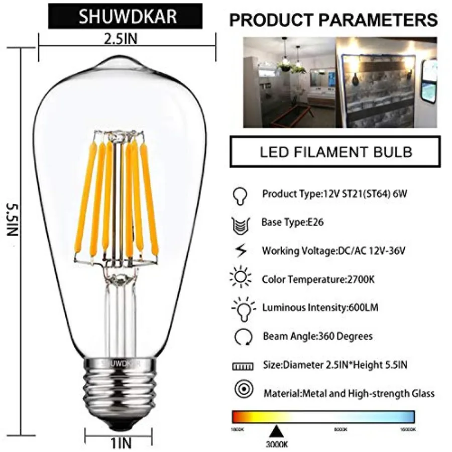 LED Light Bulbs DC 12V 6W E26 ST64 Low Voltage Bulb RV Camper Warm White 2700K Vintage Clear Glass Filament Edison Bulbs Equiva