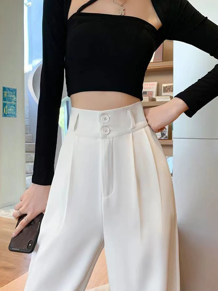 Loose Casual Elegant Straight Pant Versatile Fashion High Waisted Black Buttons Trousers Autumn Office lady Oversized Suit Pants