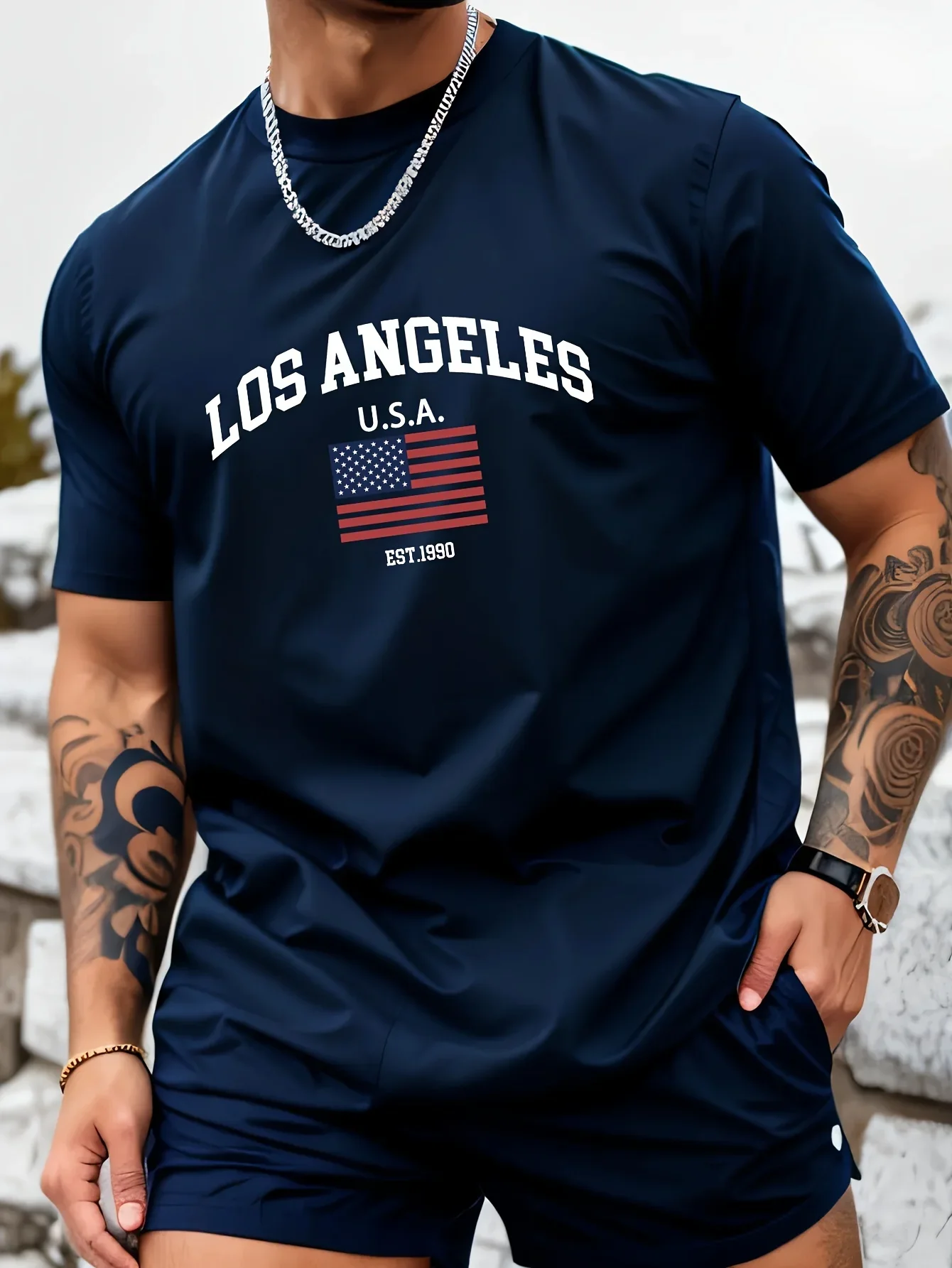 Hot Selling Men's Cotton Graphic T-Shirt Los Angeles USA Flag Print Soft & Comfortable, Casual Summer Streetwear Tee