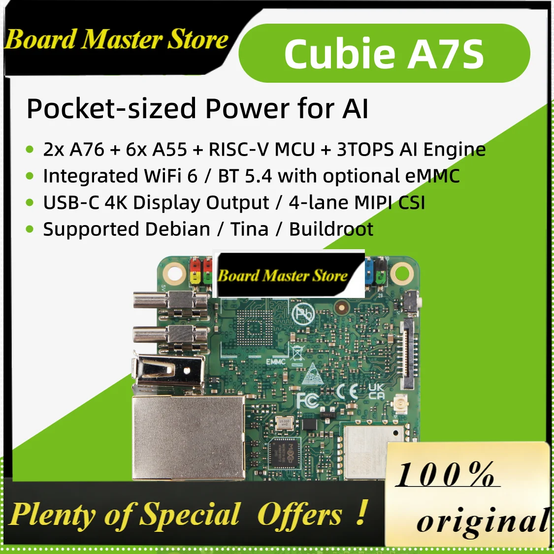 BoMaRadxa Cubie A7S,Pocket-sized,Allwinner A733,Octa-core CPU,3 TOPS NPU,WiFi 6,BT 5.4