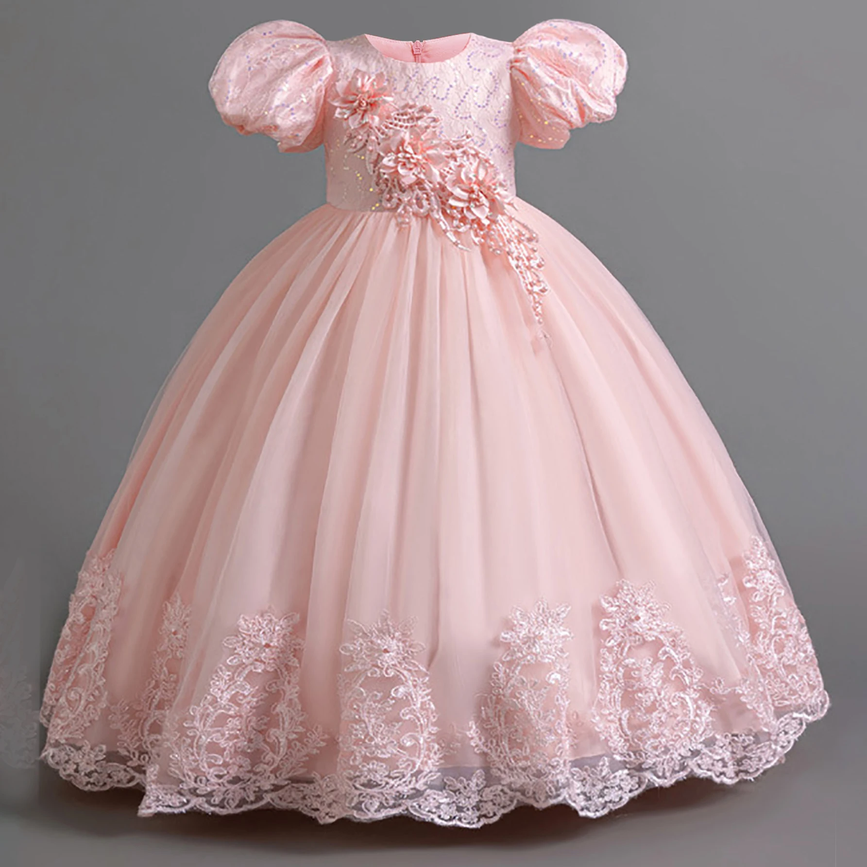 Fashion Flower Bridesmaids Party Girls Dresses Puff Sleeve Tulle Wedding Birthday Princess Dress for Girls Baptism Prom Costumes