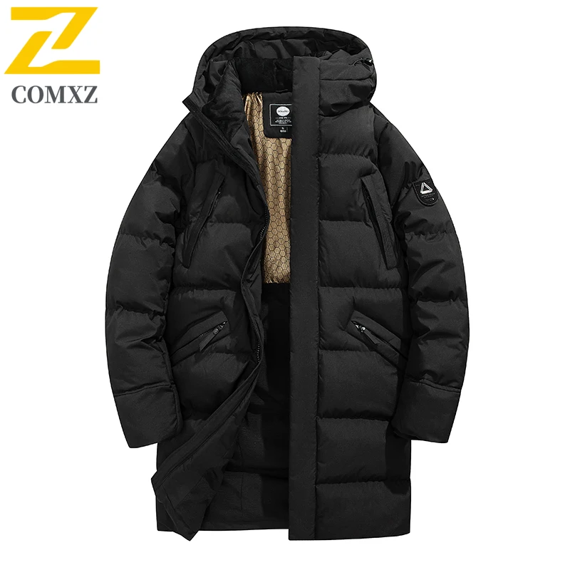 COMXZ Winter Luxury Long Jacket Men 2025 New Thick Warm Down Cotton Padded Jacket Man Casual Ski Hunting Cold Proof Hooded Parka