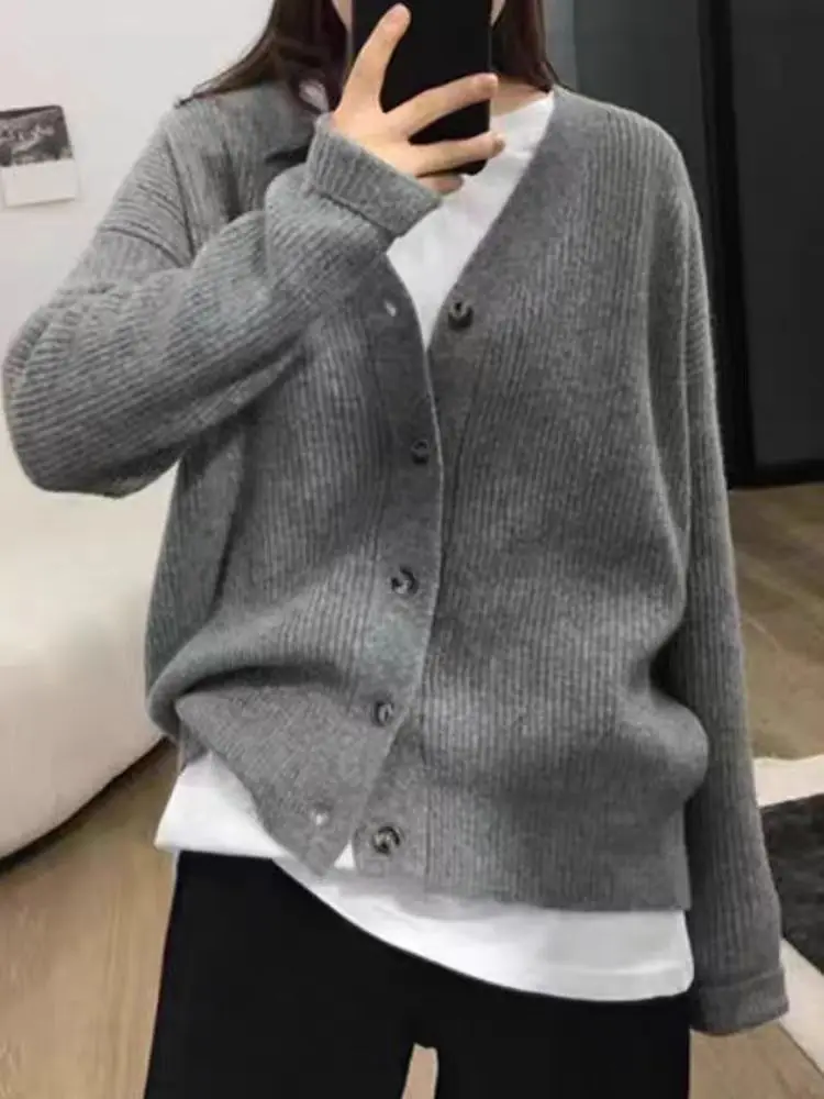 

Merino 100% Wool Women's V-neck Button Cardigan Autumn Winter Loose Casual Fashionable Knitted Cashmere Sweater