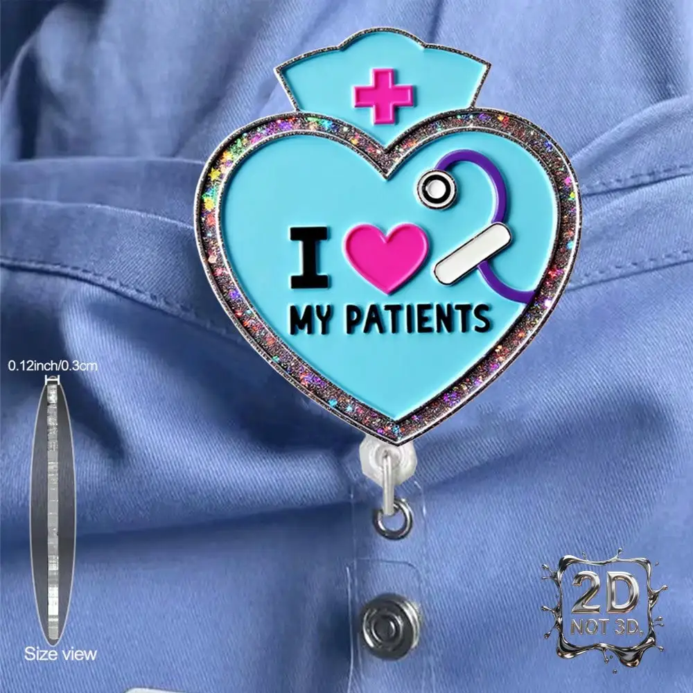 

2D Flat Retractable Acrylic Badge Reels – Heart-Shaped, Glitter, Nurse Cap Design for Hospitals