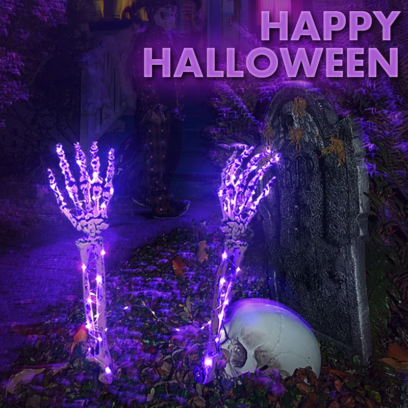 1Pair LED Light Up Skeleton Arm Hand Halloween Party Outdoor Home Garden Yard Lawn Glowing Skull Decoration Haunted Horror Props