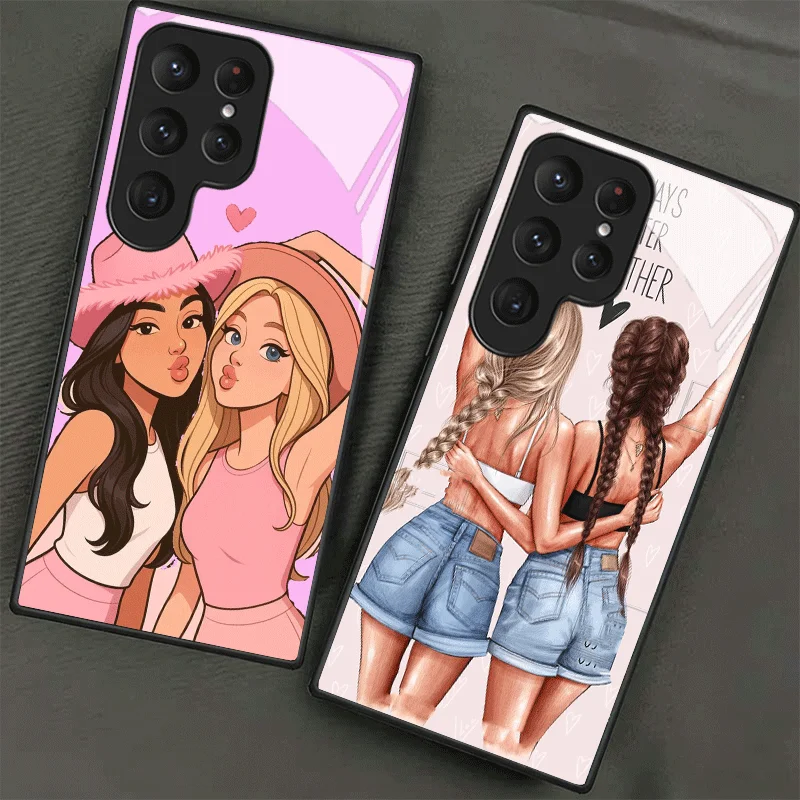 Best Friends Forever Girls Tempered Glass Phone Case for Samsung Galaxy S24 S25 S26 Ultra Edge S23 FE S22 Plus S21 + S20 Shockpr