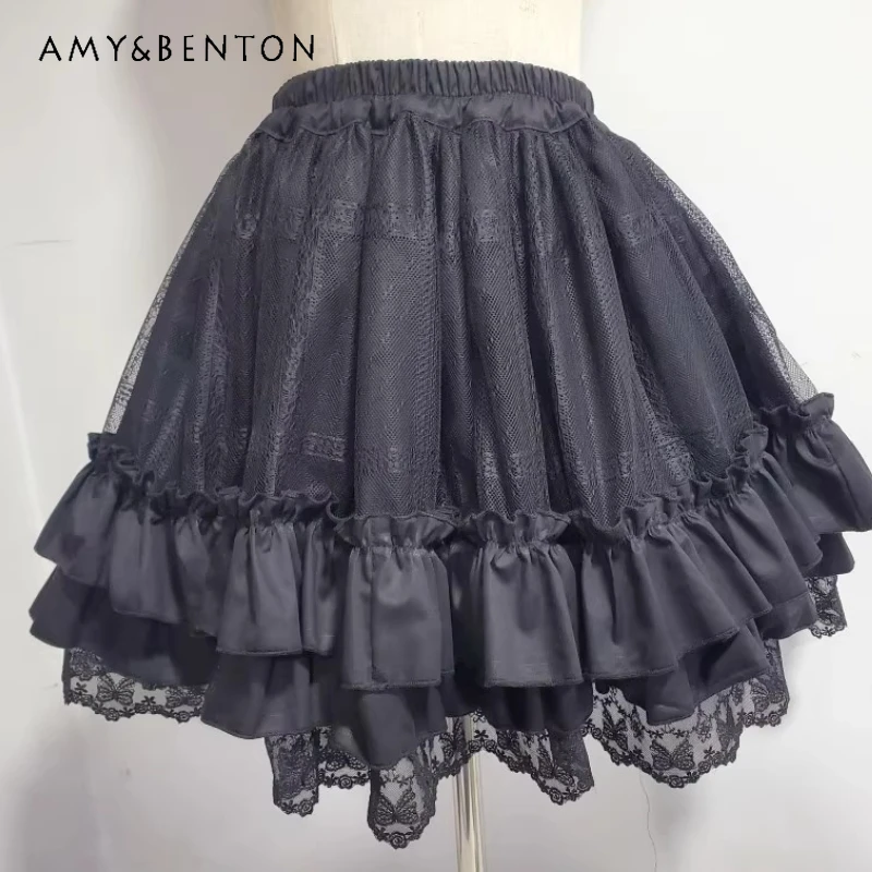

Sweet Cute Design Lolita Women's Bottming Skirt 2026 New Lace Hollow Out Splicing Ruffle Leaf Edge Versatile Short Skirts Ladies