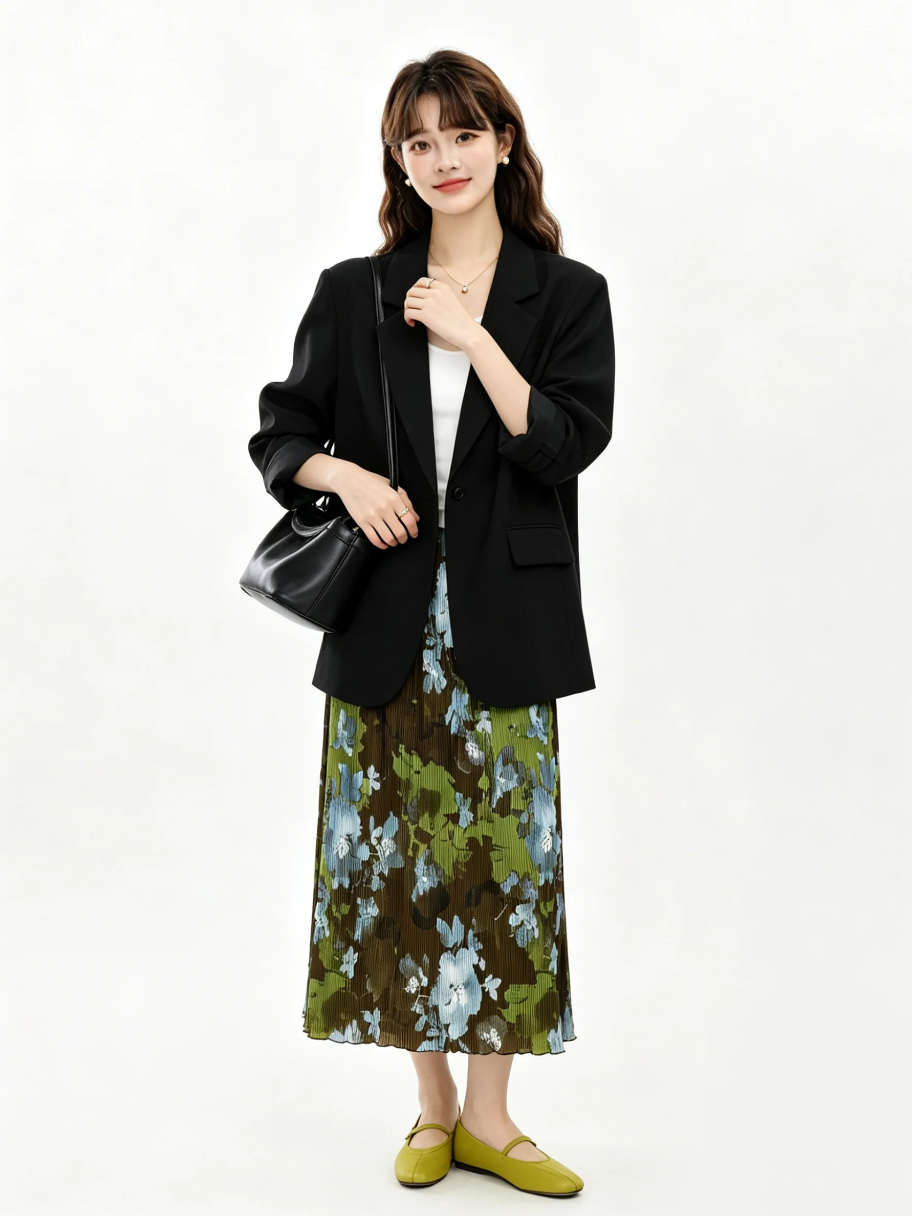

2026 New Green Floral Print A-Line Skirt High Waist Slimming Design Summer Commute Asymmetrical Hem Korean Style Women's...