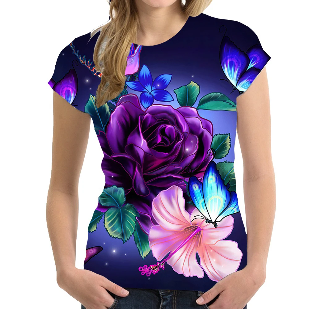 

Women's T-shirt Flower Floral 3D Print Tees Woman Hip Hop Streetwear Short Sleeve Harajuku Holiday T Shirts Oversized Y2k Tops