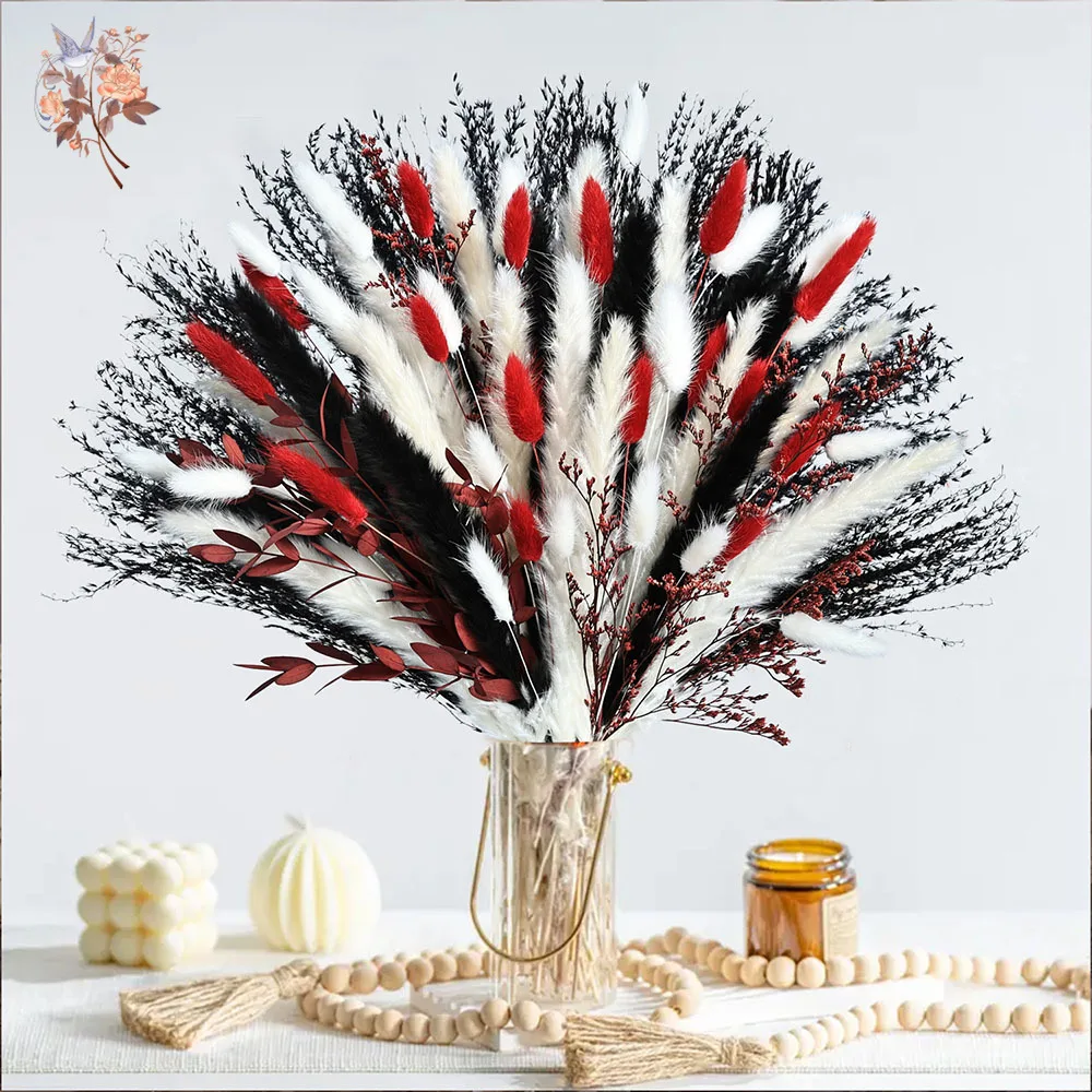 

88 Stems Black Red Dried Flower Bouquet Natural Pampas Eucalyptus Leaves Halloween Festival Decoration Home Party Table Ornament