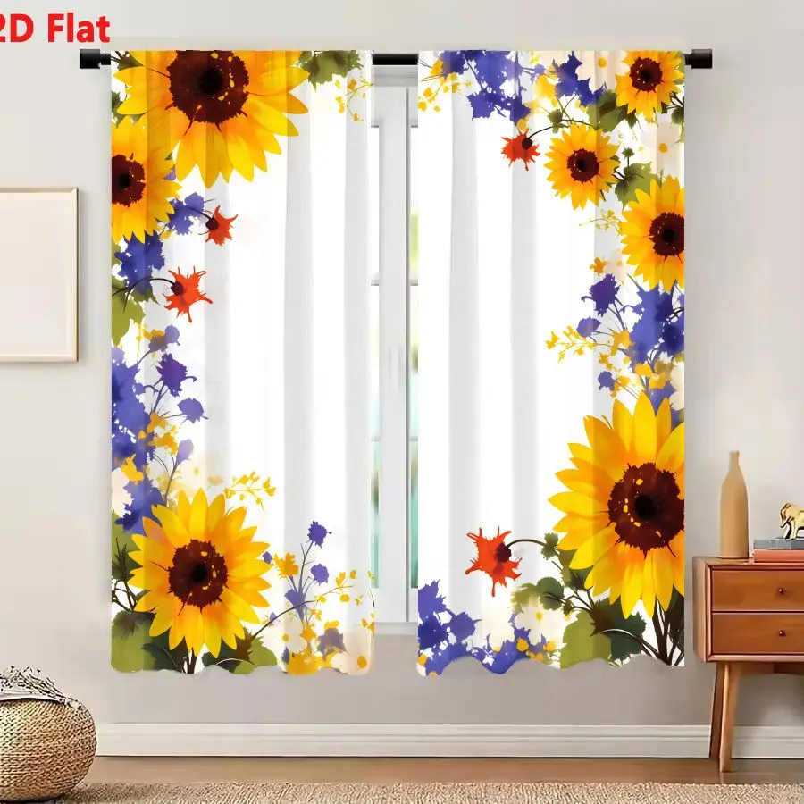 2Pcs Curtains 2D Flat Watercolor Floral Arrangement With Sunflowers And Colorful Blooms In Corner Positions For Decorative Desig