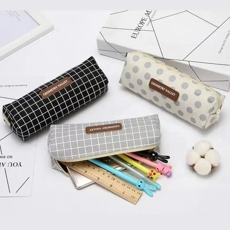 Vintage Leather Label Canvas Pencil Pouch, Grid & Dot Pattern Zipper Pen Case, Portable Office School Stationery Storage Bag