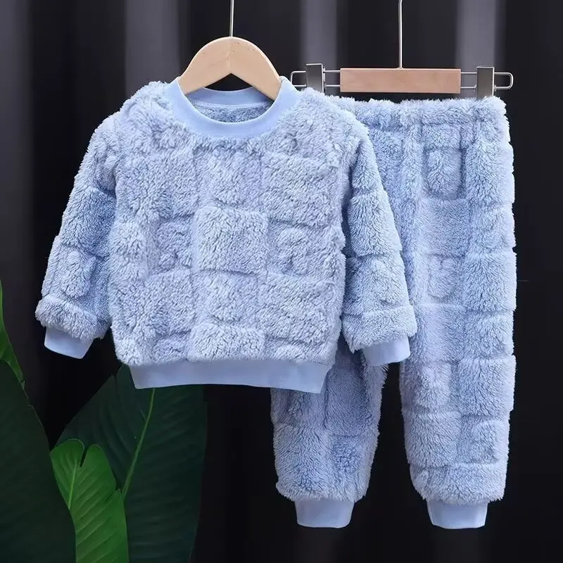 Children's autumn and winter flange pajamas suits Korean version boys plus velvet thick home service girl warm underwear suit