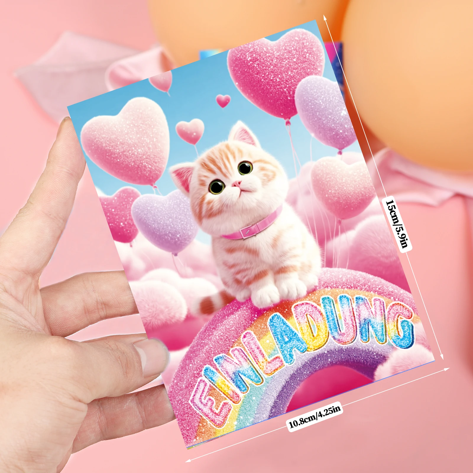 12 قطعة من بطاقة دعوة لطيفة على شكل قطة قوس قزح - بالونة ملونة على شكل قلب وتصميم قوس قزح - مناسبة لحفلات أعياد الميلاد #2