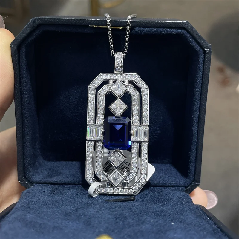 

ZFSILVER Trendy 925 Silver Cultivated Gem 8ct 10x12mm Blue Rectnalge Necklace Charm Women Accessories Party Jewelry Gift P3-0136