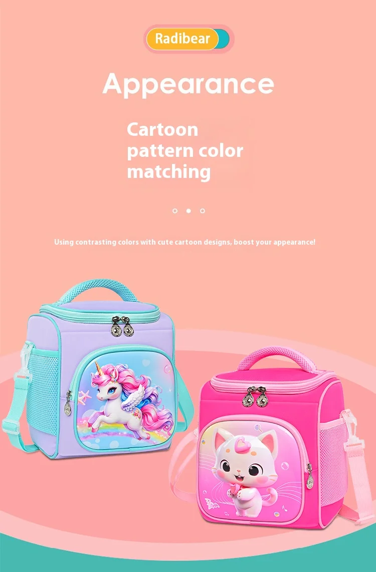 Kinder-Lunchtasche für Jungen und Mädchen, niedliche isolierte Lunchbox, tragbarer Mahlzeitskühler mit verstellbarem Schultergurt für Schule, Strand, Picknick – Detail 3