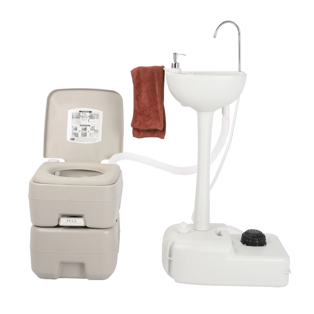 Bathroom Portable Camping Sink with Toilet, Standing Hand Wash Basin with Foot Pump and Water Tank, for RV, Travel