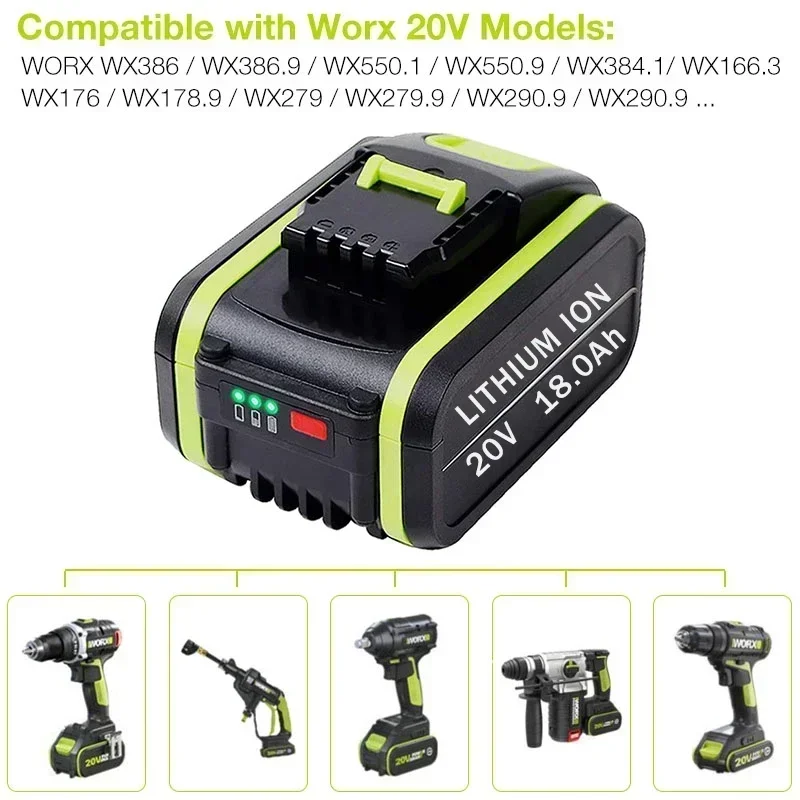 100% Nieuwe 20V 18.0Ah Vervanging Worx 20V Max Li-Ion Batterij WA3551 WA3551.1 WA3553 WA3641 WX373 WX390 + Lader