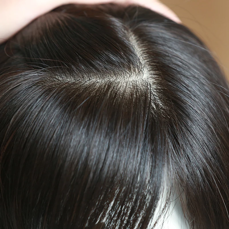 

Hand Tied Clip In Women Hair Toupee For Hair Loss Natural Black Low Density Full Human Silk Base Hair Topper Real Scalp