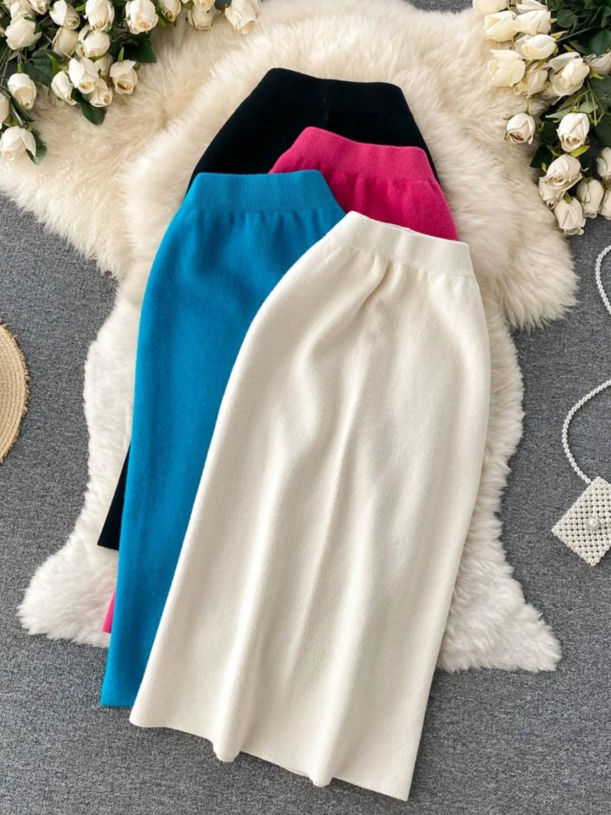 

High Waist Knitted A-Line Skirt Women's Autumn Winter Faion Slimming Versatile Midi Length Wrap Open Sle Skirt