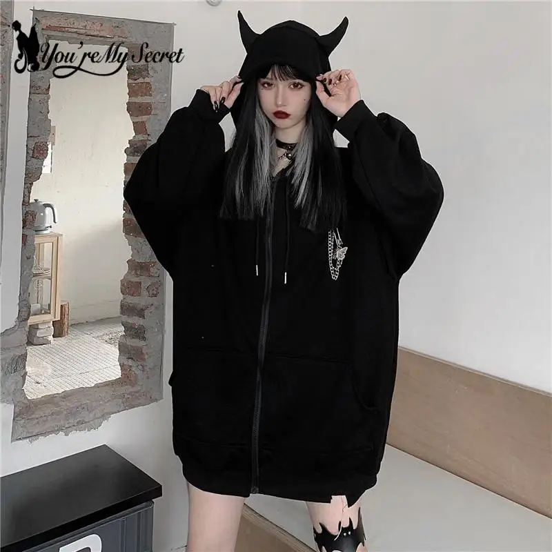 [You\'re My Secret] Gothic Punk Black Women Hoodies Sweatshirts Printed Long Sleeve Hoodie Female Loose Coat Hooded Autumn Winter