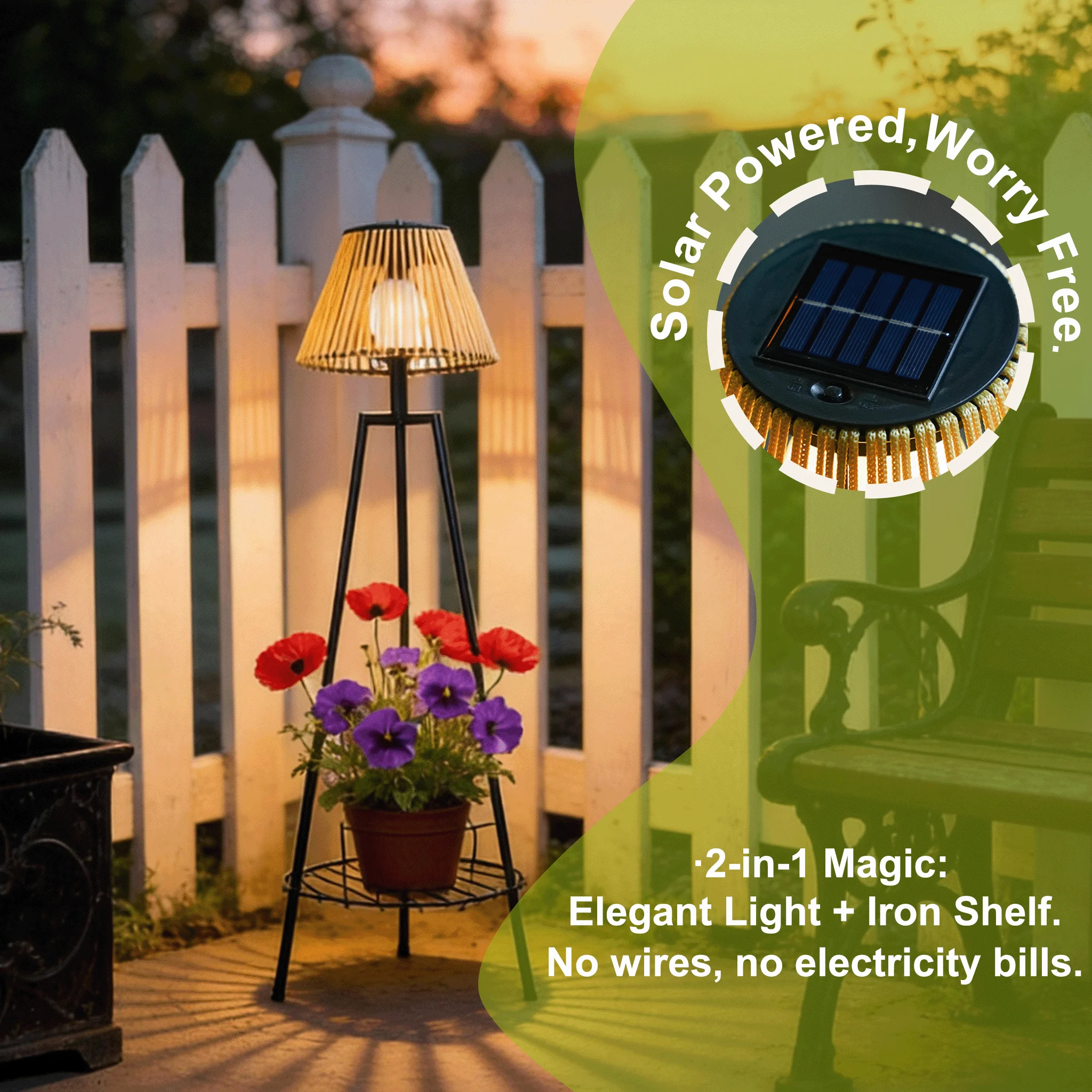Solar Floor Lamp Outdoor 2-in-1 Rattan Woven Tripod Lamp with Plant Stand IP44 Waterproof LED Dusk to Dawn Auto On Off Cordless Boho Floor Light for Patio Garden Porch Indoor Decor