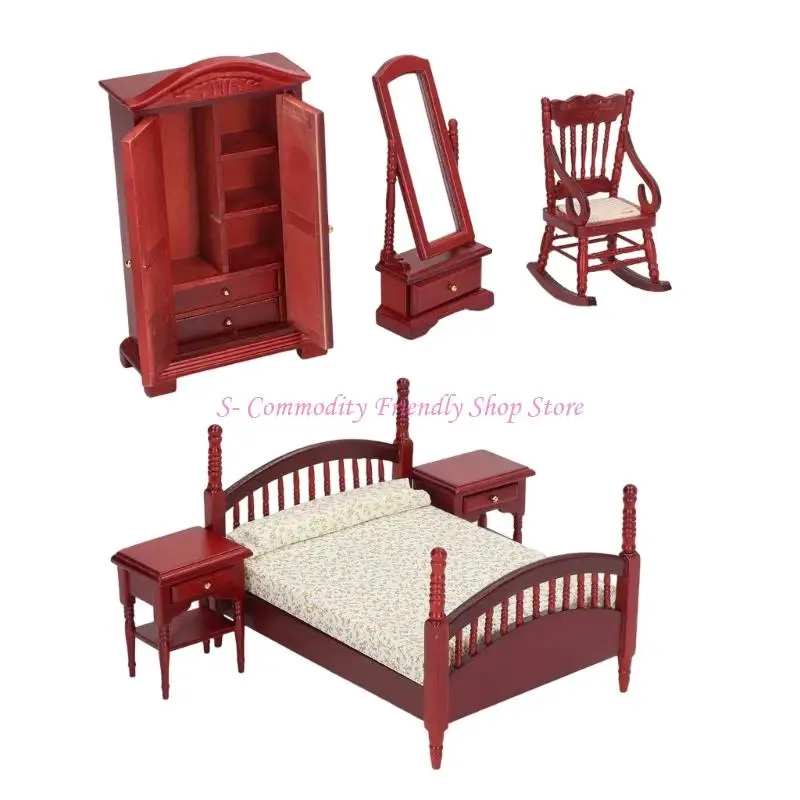 

85AE Antique Dollhouses Furniture Bed Set Cabinet Miniature Bedroom Decors Construction