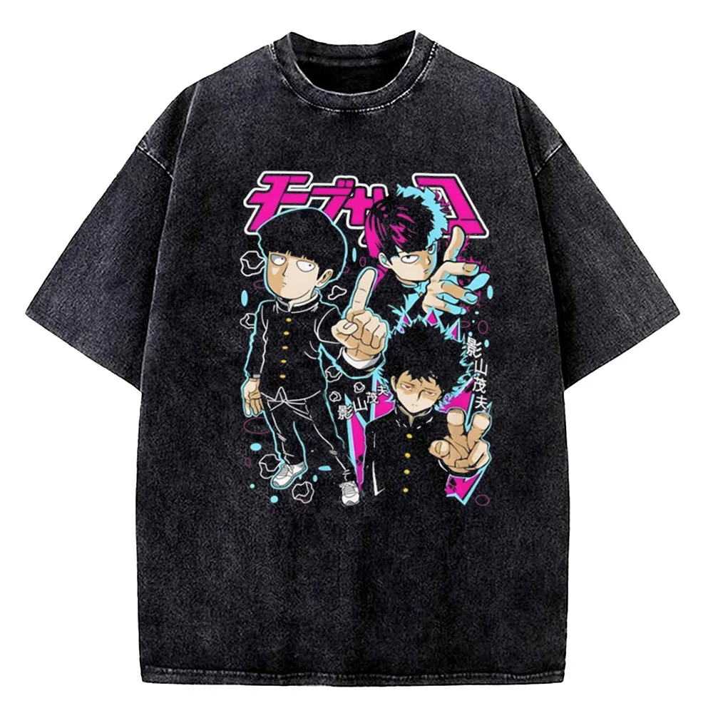 Vintage Washed Mob Psycho 100 Funny Anime T-shirt Men 100% Cotton Tee Japan Manga High Quality Streetwear Cartoon T Shirt view 2