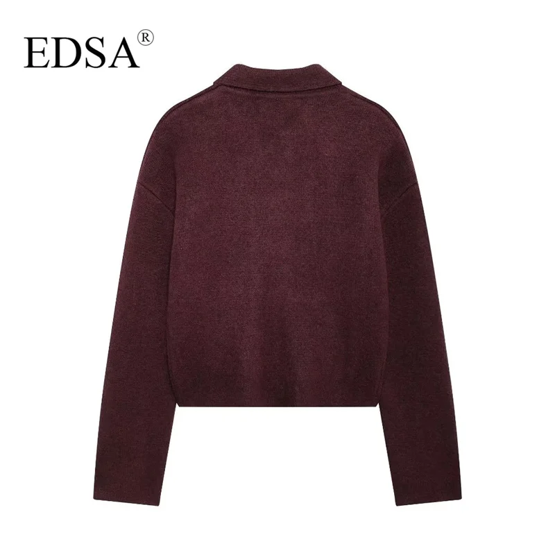 EDSA Women Knitted Bomber Jacket Lapel Zipper Vintage Burgundy Color Coat New Fall Winter Stylish Knitted Cardigan