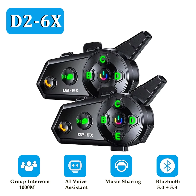 

2024 New D2-6X Motorcycle Helmet Bluetooth Intercom Headset Waterproof 6 Riders Switching Interphone1000M Mixing Music Sharing