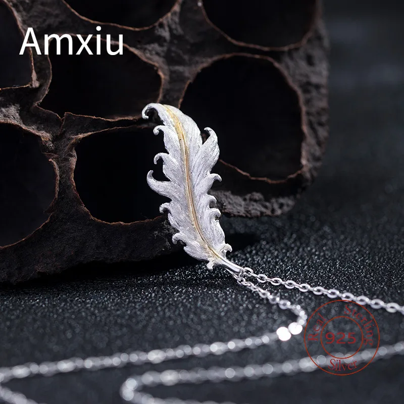 

Amxiu Sterling Silver 925 Design Ins Cool Wind Feather Necklace Female Creative Fashion Pendant Jewelry Gift